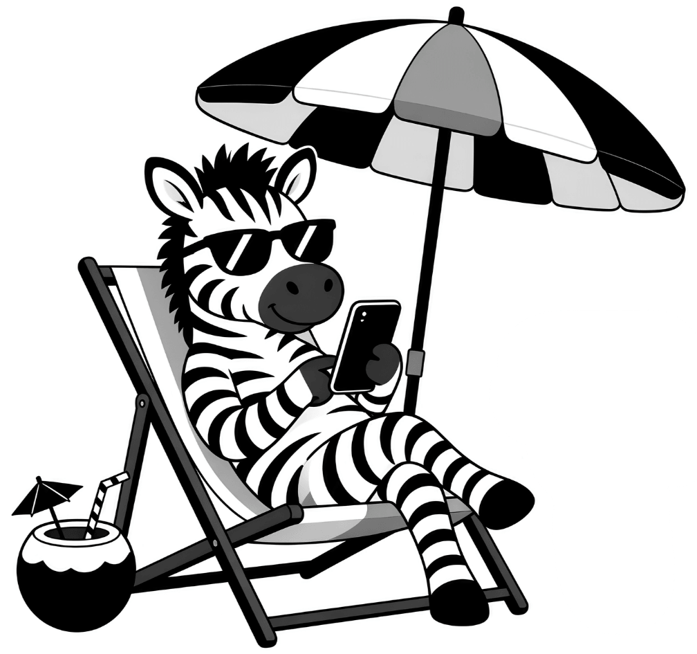 URLZ zebra relaxing in a beach chair while checking a phone