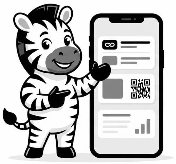 URLZ zebra presenting a phone with short links and a QR code